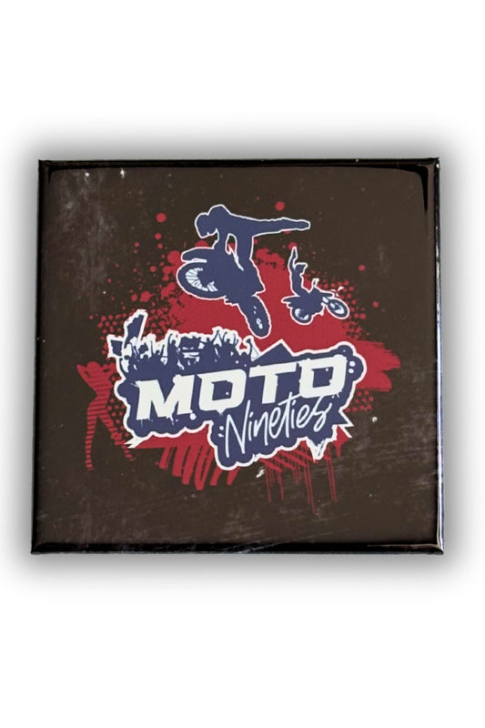 Square Magnet Logo  with 'Moto Nineties' design featuring a motorcycle rider and text on a dark background.