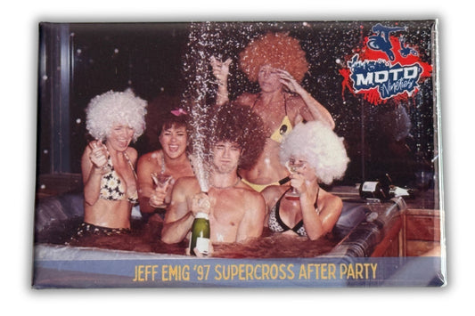 Jeff Emig celebrating at a 1997 Supercross after party in a hot tub with champagne and friends.