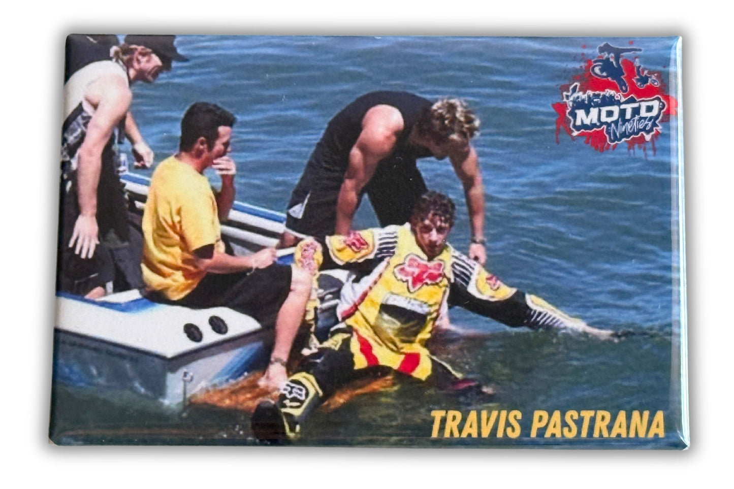 


Photo Magnet featuring a group of people around a boat  in the ocean with 'Travis Pastrana' on a white background