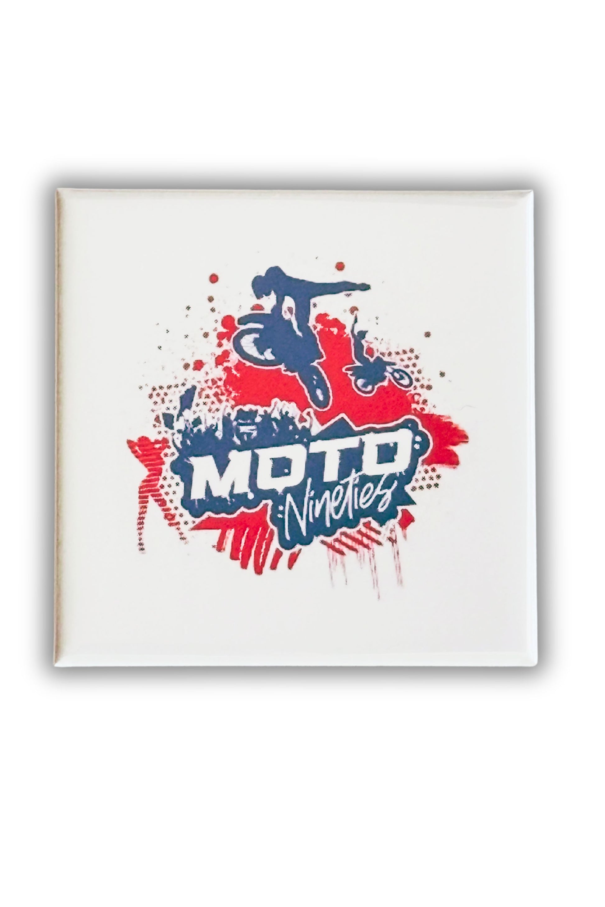 Square Magnet Logo  with 'Moto Nineties' design featuring a motorcycle rider and text on a white background.